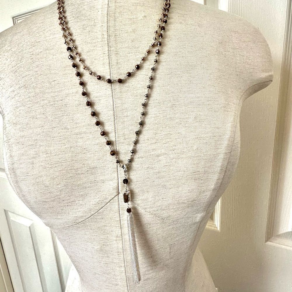 Silver tone double chain  tassel necklace